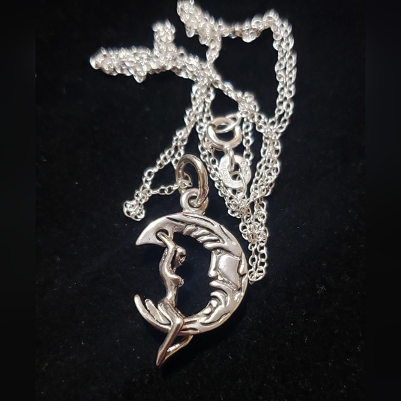 Lady Riding Moon Pendant Necklace ~ 925 Sterling Silver - Picture 6 of 13